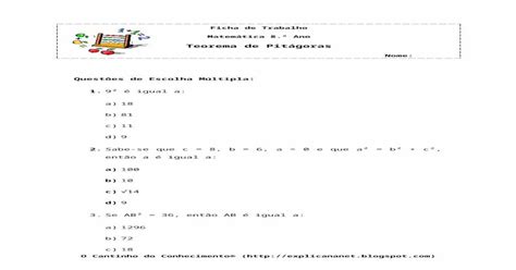 Ficha Matemática 8 º Ano Teorema De Pitágoras [doc Document]