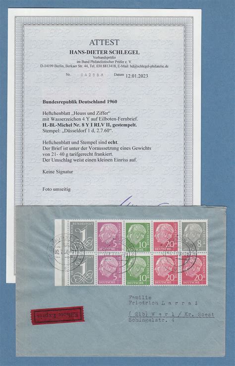 Bund 1960 Heuss Heftchenblatt MiNr 8Y Type I RLV II Auf Eilbrief FA