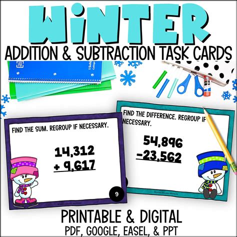 Winter Addition And Subtraction With Larger Numbers Task Cards