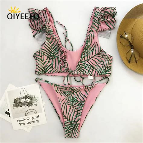 Oiyeefo Deep V Frilly Ruffle Bikini Leaf Print Swimsuit Women Swimwear