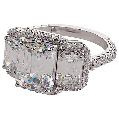 6 00 Carat Emerald Cut Three Stone Diamond Platinum Halo Ring At 1stdibs