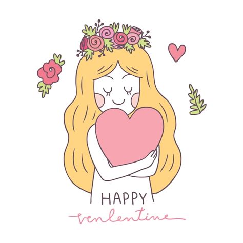 Dibujos Animados Lindo Día De San Valentín Mujer Y Corazón Vector Premium