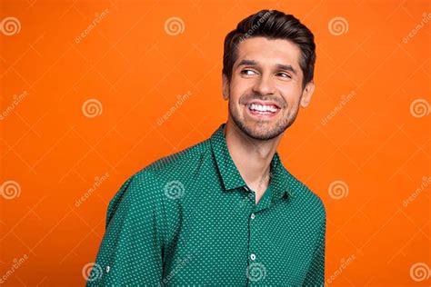 Portrait Of Attractive Young Man Brunet Hair Wear Stylish Shirt Smiling