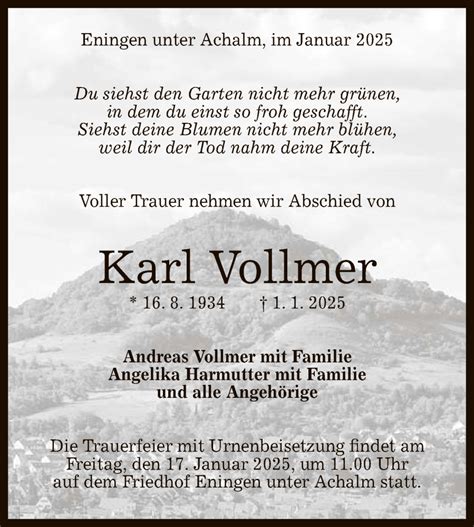 Traueranzeigen Von Karl Vollmer Trauer Gea De