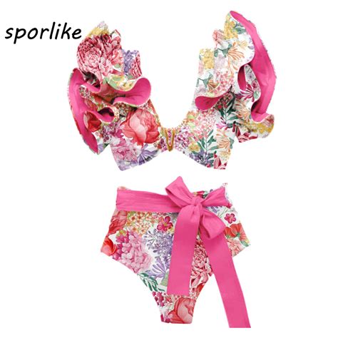 Sporlike V Neck High Waist Bikini Sets Shoulder Ruffled Sexy Printed