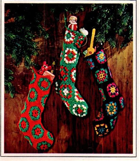 Vintage Crochet Christmas Stocking Pattern Granny Square Hexagon