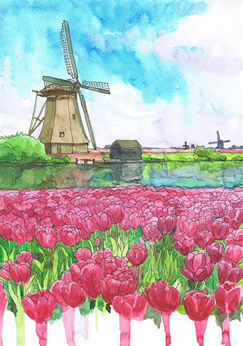 Tulip Fields Art Print Dutch Landscape Watercolor Painting Etsy