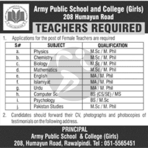 Aps Rawalpindi Jobs 2024 Army Public School