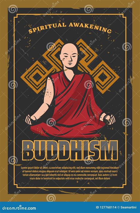 Buddhism Religion Poster With Monk In Lotus Pose Stock Vector