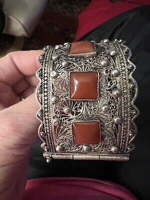 Silver Filigree Hinged Bracelet W Butterscotch Stones Stunning Boho