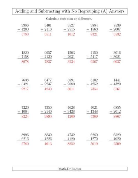 Mixed Addition And Subtraction Of Four Digit Numbers With No Regrouping A