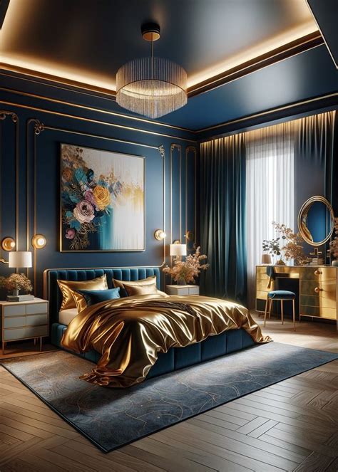 Navy Blue and Gold Bedroom in 2024 | Dark blue bedrooms, Blue and gold ...