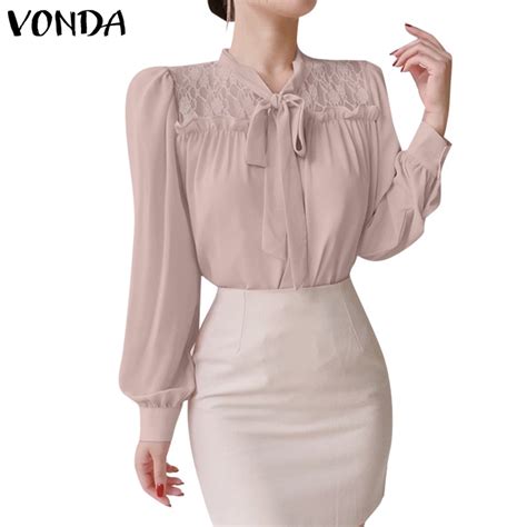 Vonda Women Korean Casual Round Neck Long Puff Sleeve Lace Patchwork H