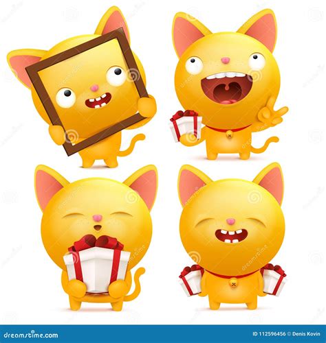 Set of Yellow Emoji Cat Characters in Various Situations Stock Illustration - Illustration of ...