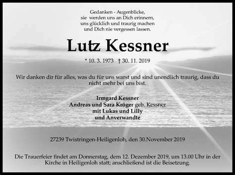 Traueranzeigen Von Lutz Kessner Trauer Kreiszeitung De