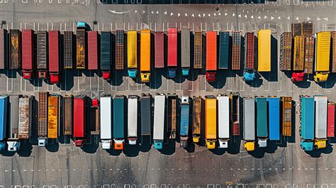 Trucks Stand In A Row Parking Lot Top View From The Drone Background