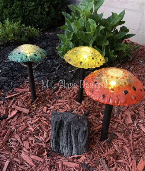 Solar Lights Glass Mushrooms Fused Glass Garden Decor Etsy Glass