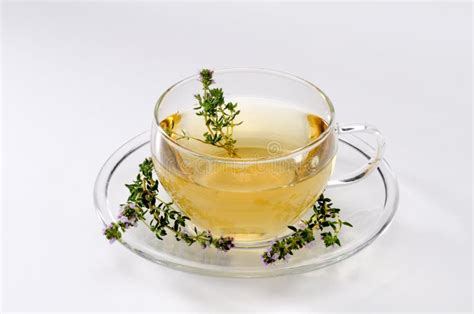 Thyme Herbal Tea In A White Cup And Teapot On A Wooden Table Copyspace