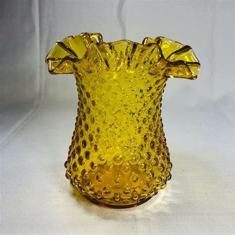 Kanawha Glass Amber Hobnail Double Crimped 5 Vase 387 With Cadmium Glow Ebay Kanawha