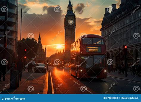 Red Bus on Road in London Near Big Ben Clock Tower. Road Traffic in London City Stock ...