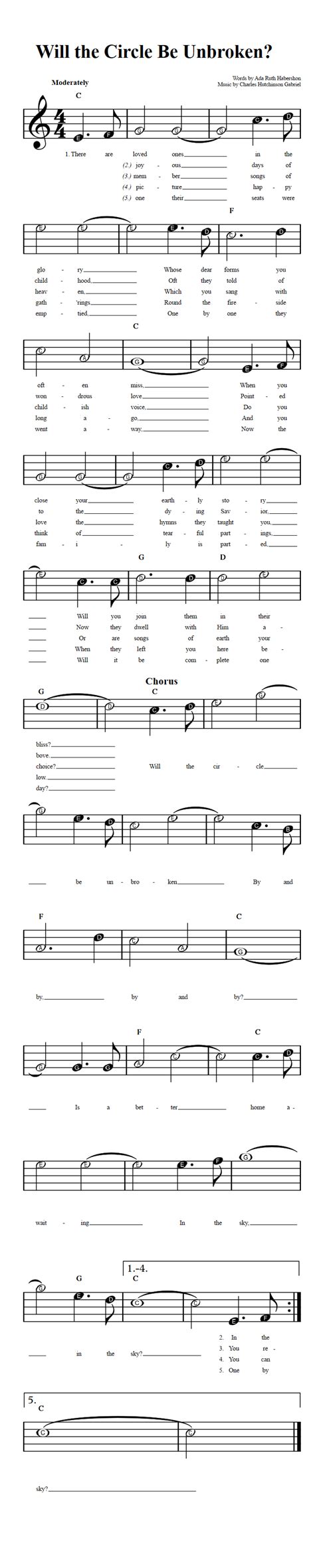 Will the Circle Be Unbroken?: Beginner Sheet Music with Chords and Lyrics