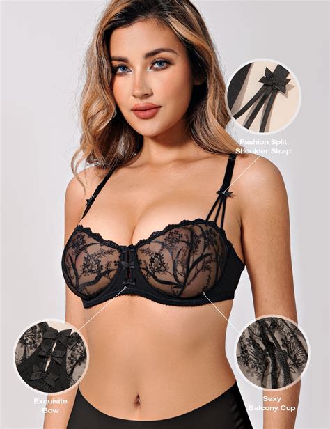 Deyllo Womens Unlined Lace Bra Plus Size Embroidered 12 Cup Demi Sheer Underwire See Through