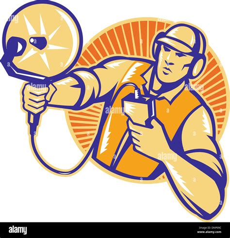 Illustration Of An Engineer Technician Pointing With Ultrasound Sonar