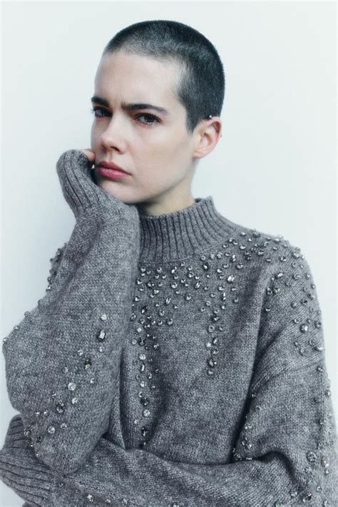 Beaded Rhinestone Knit Sweater Grey Marl Zara United Kingdom