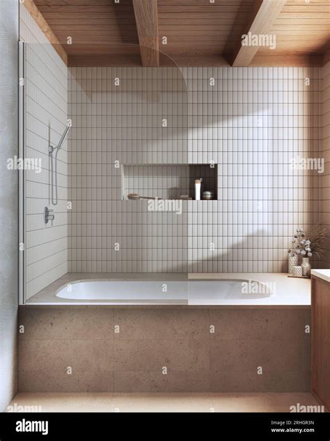 Wooden And Marble Japandi Bathroom In White And Beige Tones Bathtub