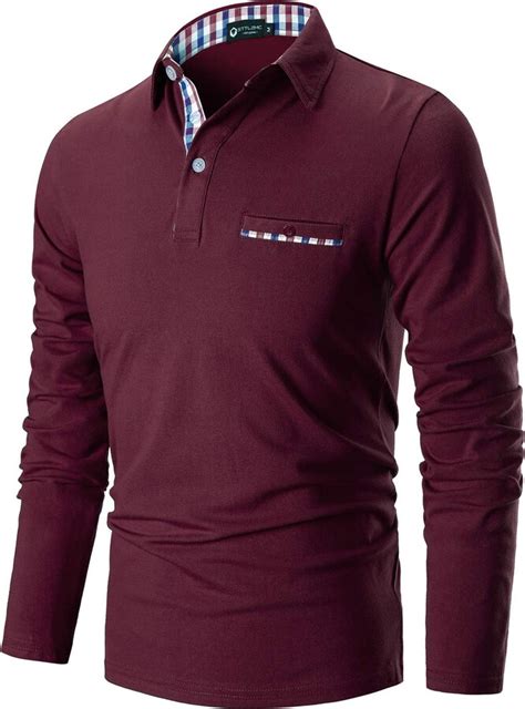 Sttlzmc Mens Long Sleeve Polo Shirts Plaid Collar Basic Casual T Shirt 11 Wine Red S Shopstyle