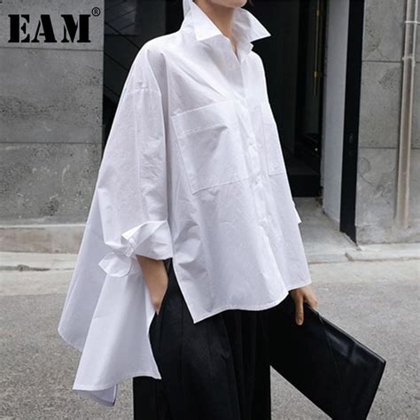 EAM 2019 New Autumn Winter Lapel Long Sleeve White Back Long Loose