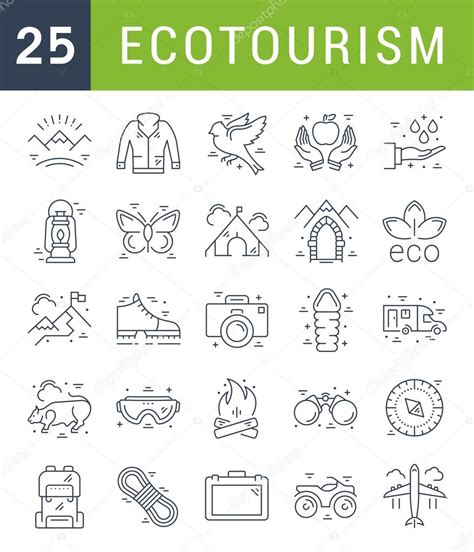 Set Vector Flat Line Icons Ecotourism Stock Vector Image By