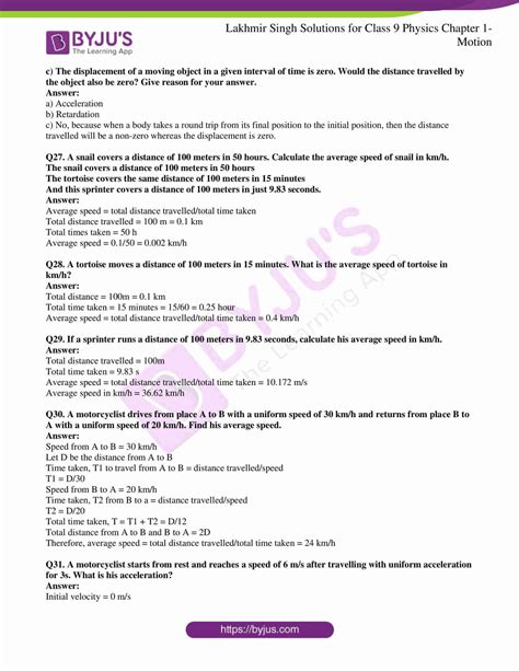 Lakhmir Singh Physics Class 9 Solutions For Chapter 1 Motion Free PDF