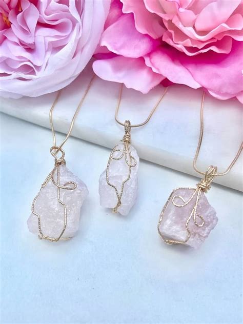 Rose Quartz Pink Wire Wrapped Raw Natural Crystal Gold Plated Etsy