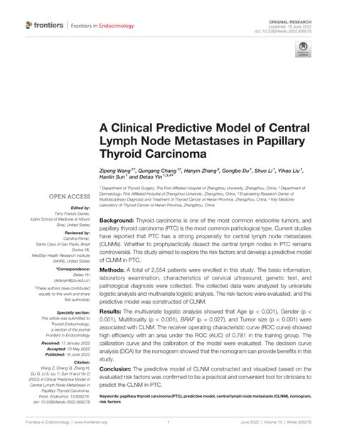 PDF A Clinical Predictive Model Of Central Lymph Node Metastases In