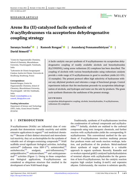 Arene Ru Ii Catalyzed Facile Synthesis Of Nacylhydrazones Via