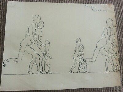 Signed Lillian Mingay Pencil Sketch Drawing Naked Figures Jogging