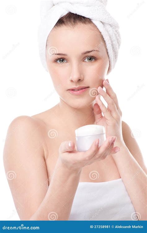 Woman Applying Moisturizer Cream On Face Stock Image Image Of Body