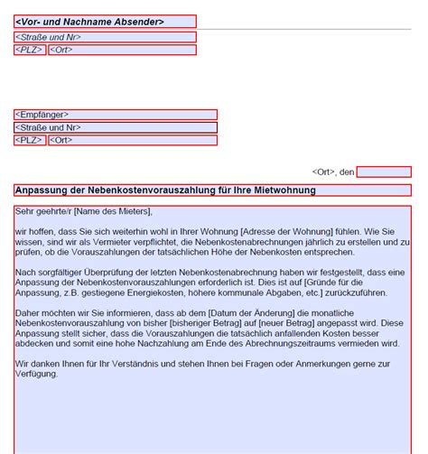 Anpassung Nebenkosten Vorauszahlung Schreiben An Den Mieter Als Pdf