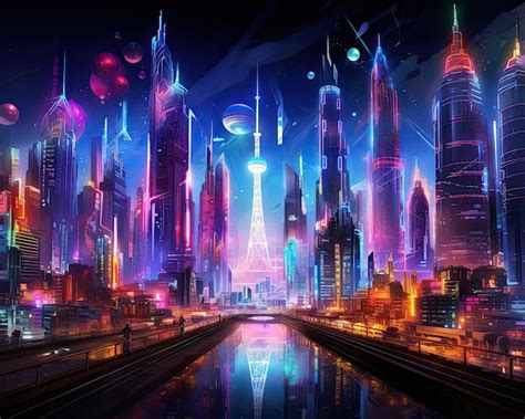 Premium Photo Futuristic Neon Cityscape At Night