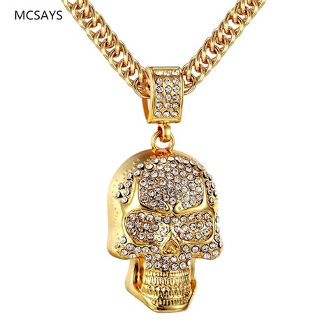 Mcsays Hip Hop Jewelry Skeleton Necklace Crystal Skull Pendant Long