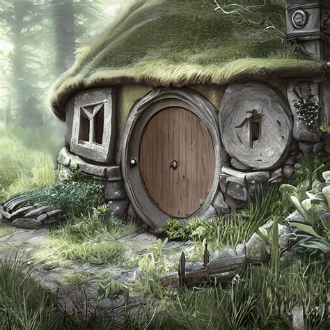 Hobbit Hütte Häuschen In überwucherten Uralten Bäumen High Fantasy Digitalkunst Cartoon