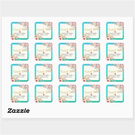 Wedding Thank You Modern Pink Floral Teal Gold Dot Square Sticker Zazzle