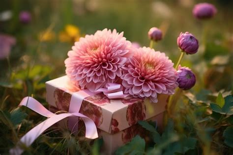 Premium AI Image | A gift box with flowers in the grass