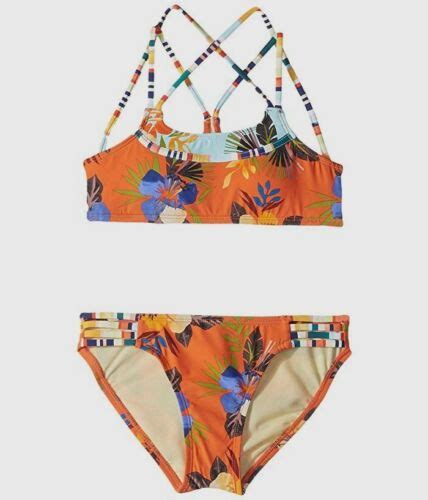 Hobie Swimwear Girls Orange Blue Floral Striped Bralette Bikini