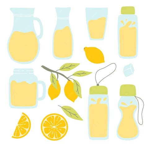 Premium Vector Lemonade Set Collection Of Jugs Glasses And Bottles Of