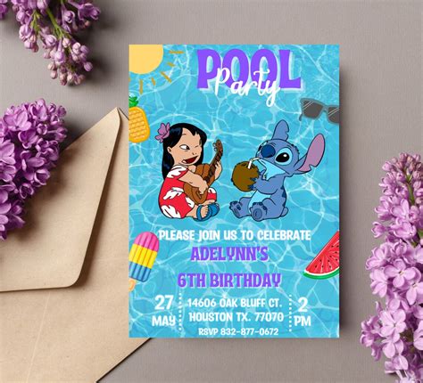 Lilo And Stitch Pool Party Birthday Invitationstitch Pool Etsy