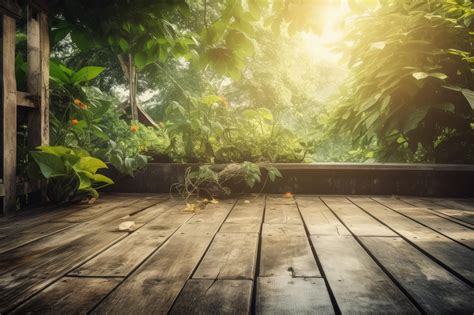 Premium AI Image Wooden Deck Surrounded By Lush Greenery And Trees