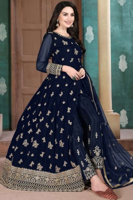 Georgette Anarkali Suit In Navy Blue With Georgette Uk As2573