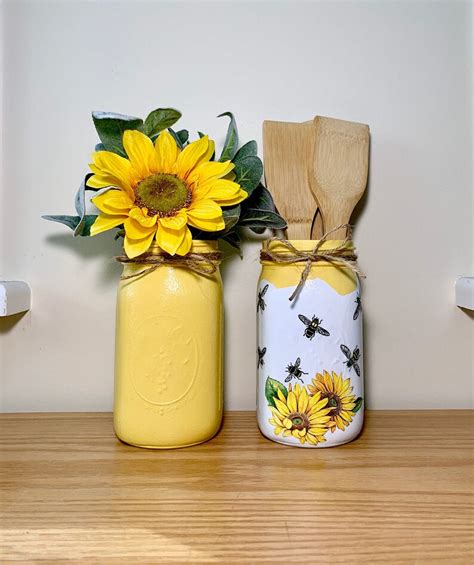 HONEY BEE Sunflower Utensil Holder Set Mason Jar Vase Etsy